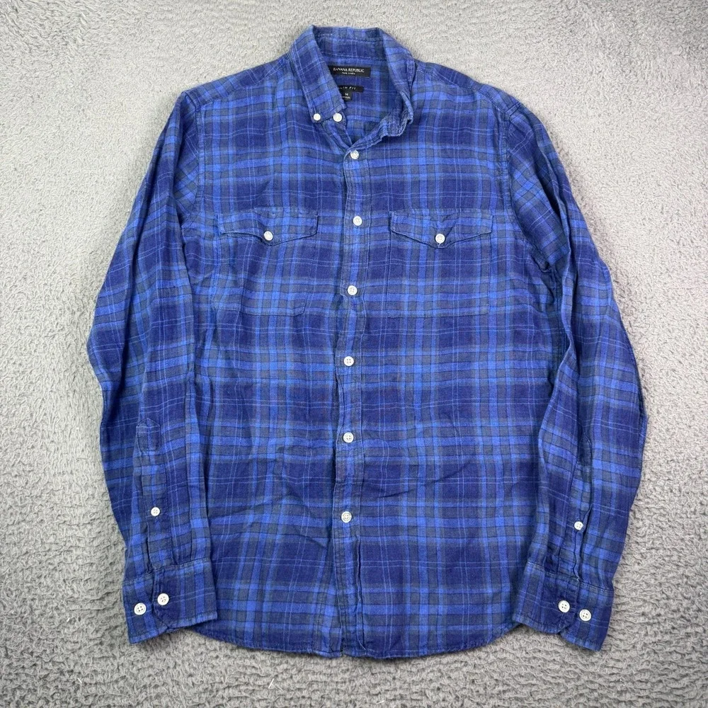 Banana Republic Shirt Mens M Blue Plaid Long Sleeve 100% Linen Button Up Summer